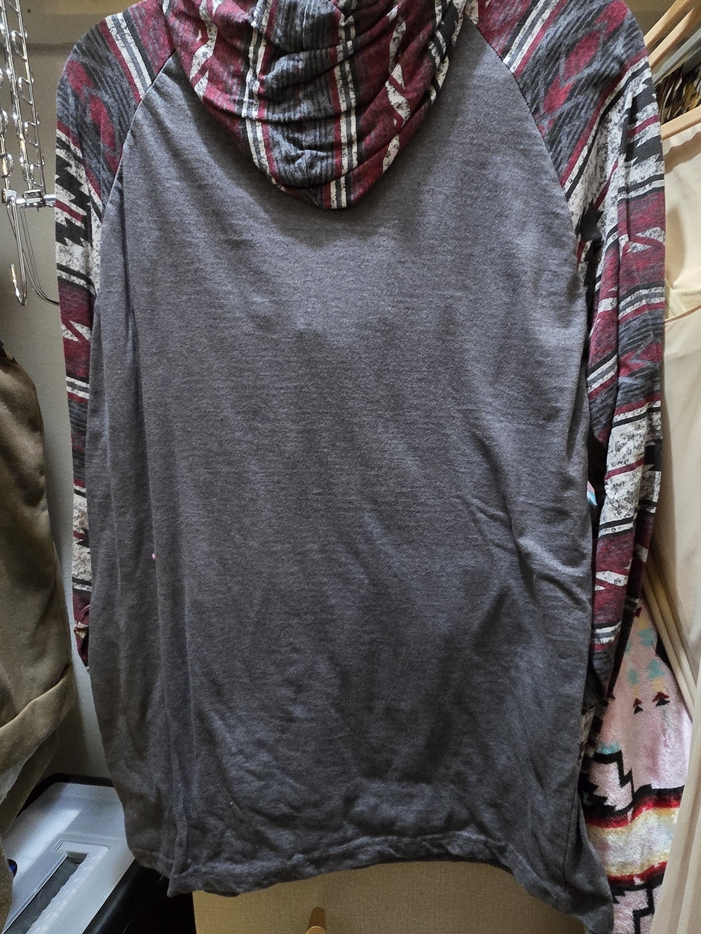 Men's Hooded Raglan Sweater in Gray with Maroon Patterned Sleeves